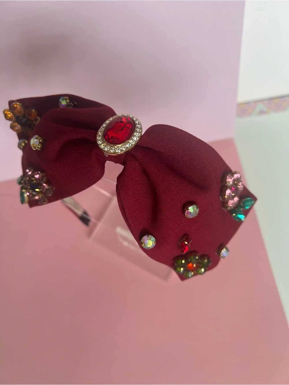 Embellished Burgundy Bow Headband - Women Accessories